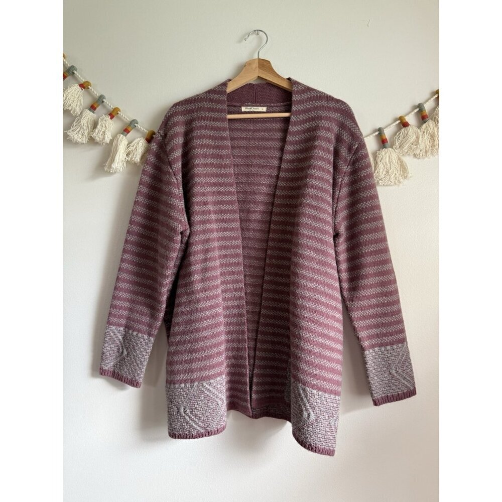 WoolOvers Lambswool Striped Open Front Mauve Gray Cardigan Cottage Cozy Winter L